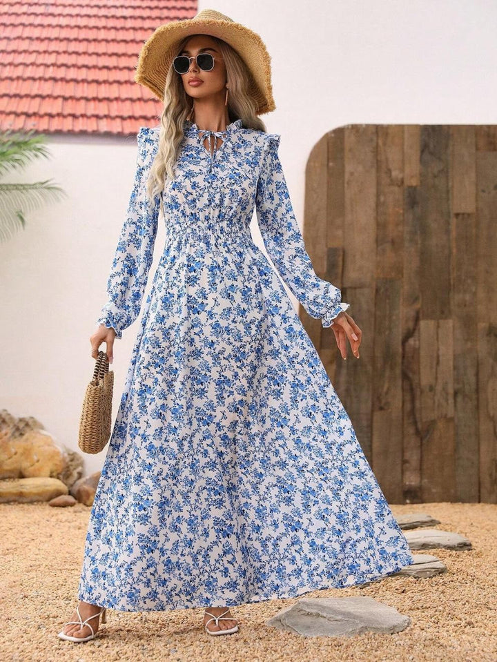 Drune | Floral Lange Ärmel Elegantes Frauen Lang Kleid