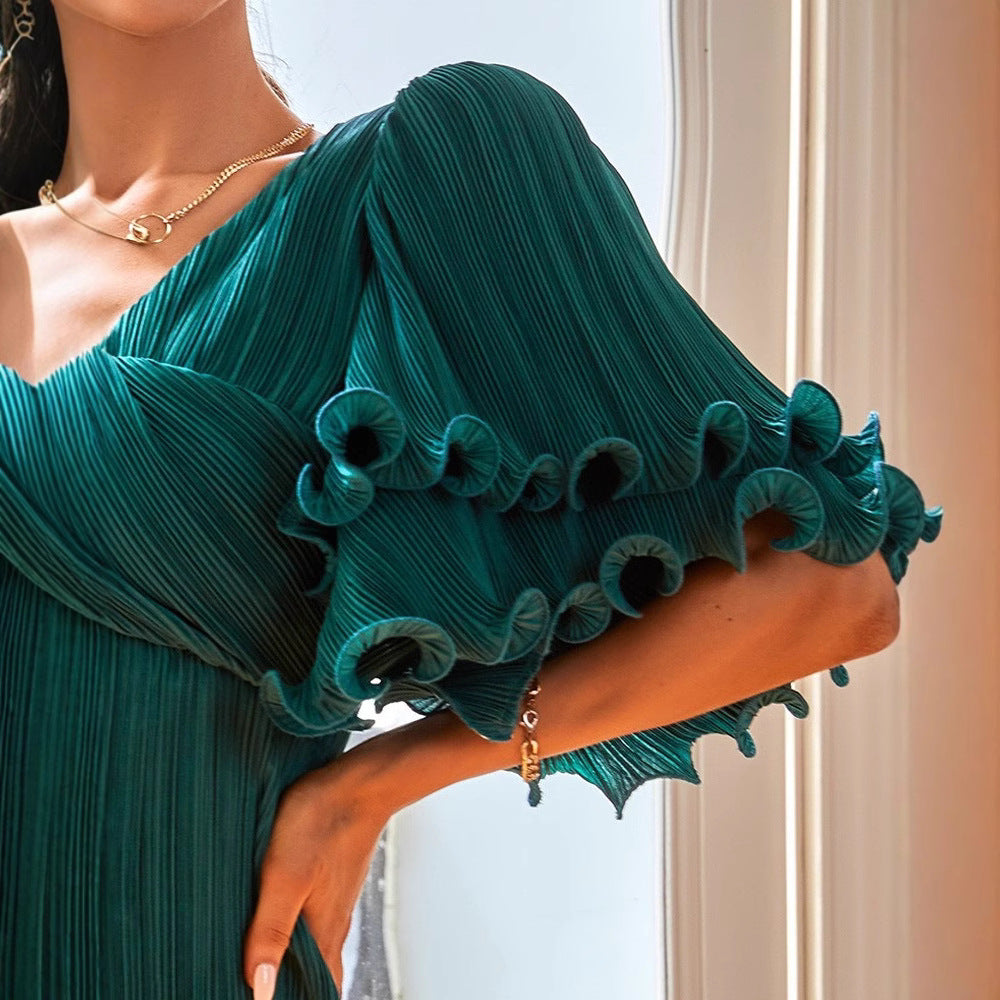 Damen Plissiertes Wickelkleid mit voluminösen Rüschensäumen Drune