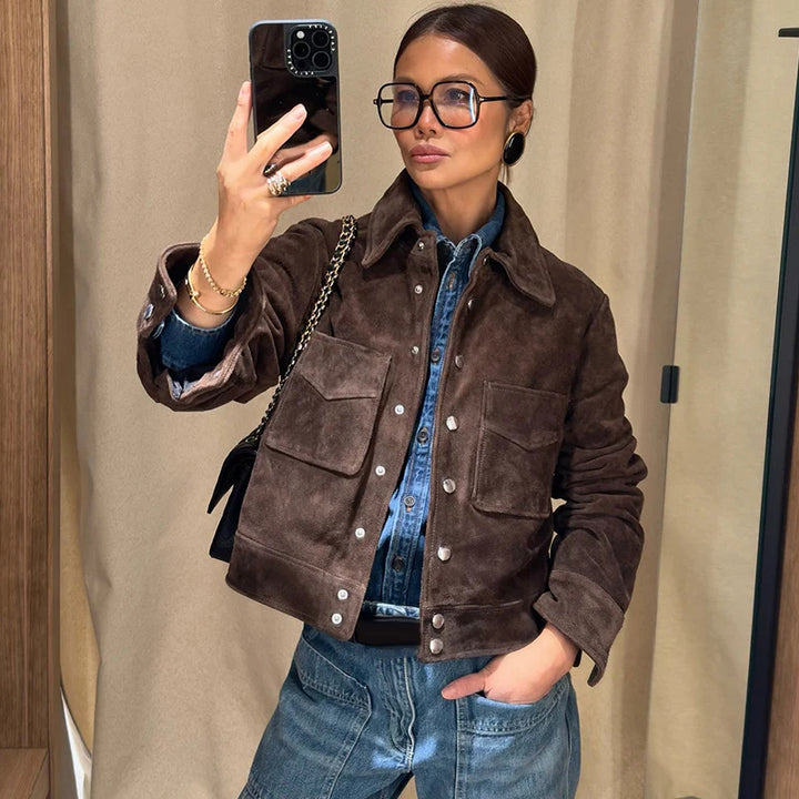 Damen Modische Wildlederjacke mit praktischen Taschen Drune