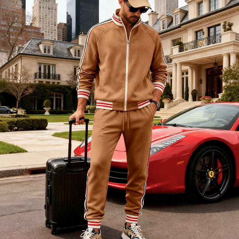 Herren nan sportiver Trainingsanzug mit gestreiften Rippbündchen, Reißverschlussjacke und tapered Jogginghose Drune