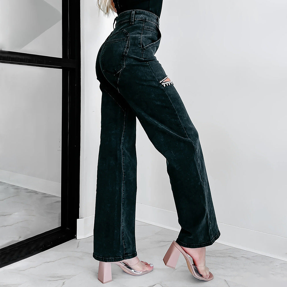 Damen High-Waist Jeans mit ausgefallenem Cut-Out-Design und dezenten Strass-Applikationen Drune