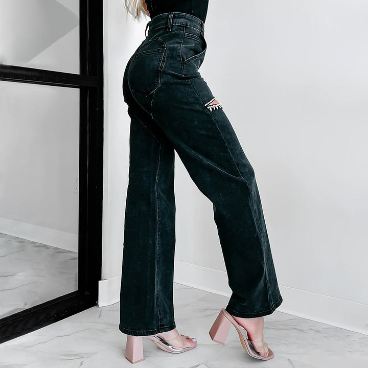 Damen High-Waist Jeans mit ausgefallenem Cut-Out-Design und dezenten Strass-Applikationen Drune