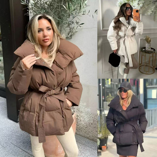 Damen modische Steppjacke mit breitem Revers und taillierbarem Gürtel Drune