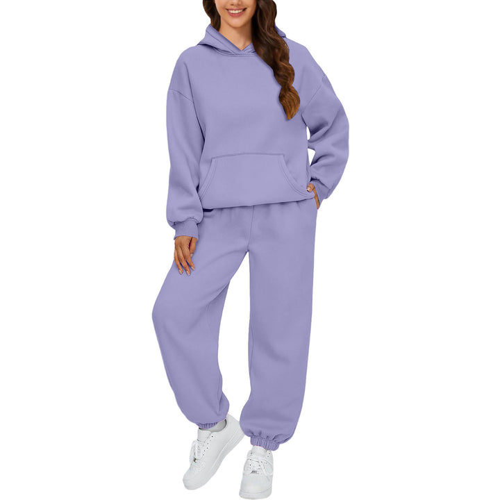 Damen nan gemütliches French-Terry Loungewear-Set mit doppellagiger Kapuze, Kängurutasche und elastischem Knöchel-Jogger Drune