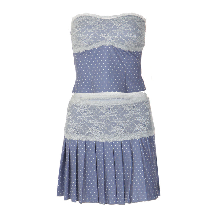 Damen Bandeau Kleid mit Spitzenbesatz und Plisseefalten Drune