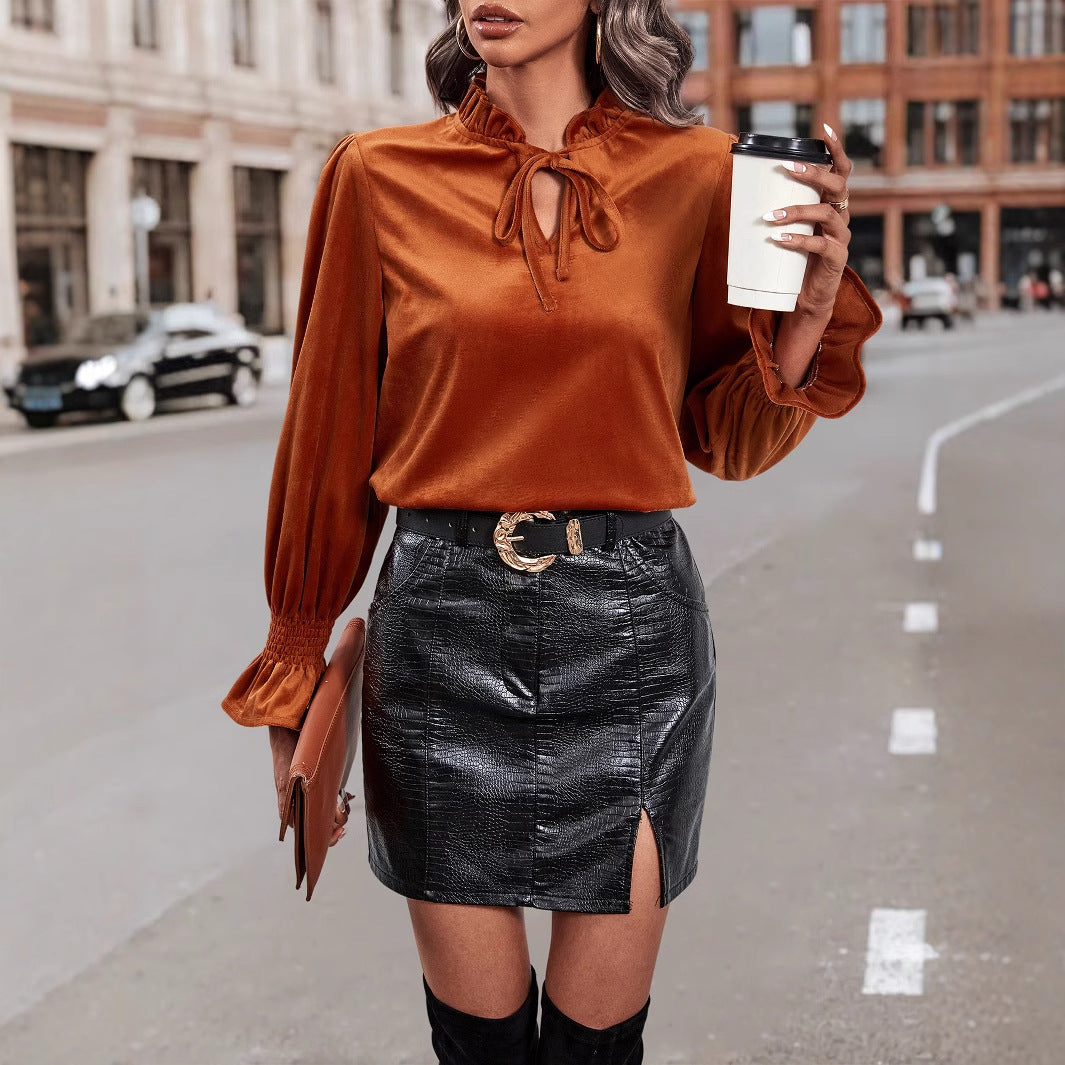 Damen elegante Bluse mit Rüschendetails und geschmeidigem Samt Drune