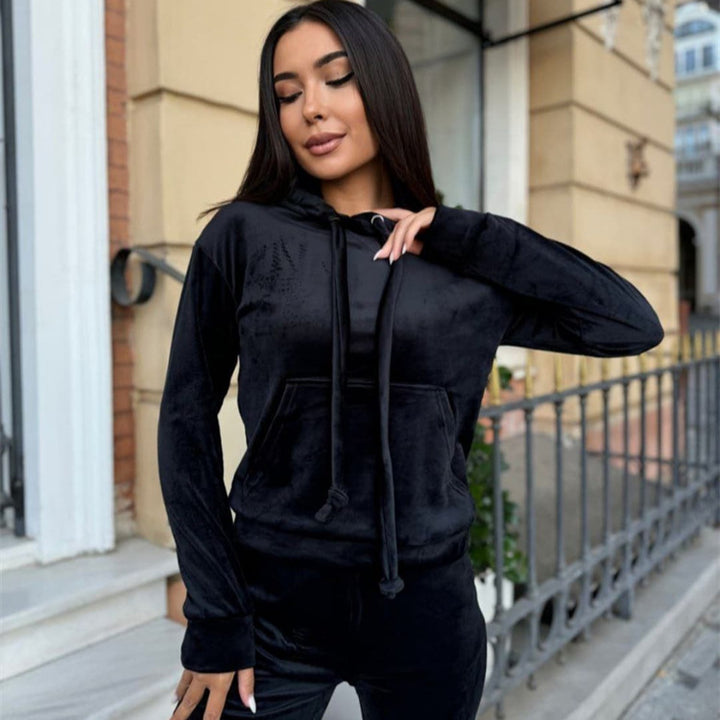 Damen lässiges Fleece-Jogginganzug-Set mit Kapuze und elastischem Bund Drune