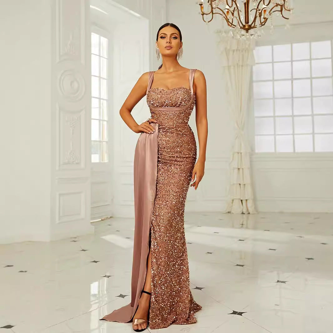 Damen Glamouröses Abendkleid mit tiefem Schlitz und Paillettenverzierung Drune