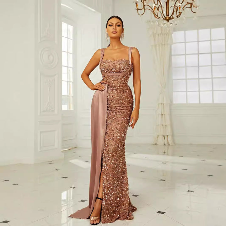 Damen Glamouröses Abendkleid mit tiefem Schlitz und Paillettenverzierung Drune