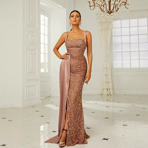Damen Glamouröses Abendkleid mit tiefem Schlitz und Paillettenverzierung Drune