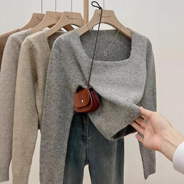 Damen modischer Pullover mit breitem Rundhalsausschnitt und feiner Struktur Drune