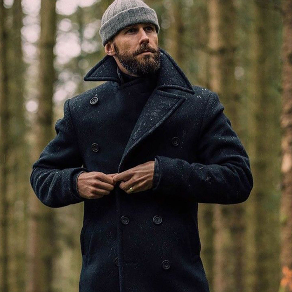 Herren klassischer Doppelreiher-Mantel mit hohem Kragen und edlem Stoff Drune