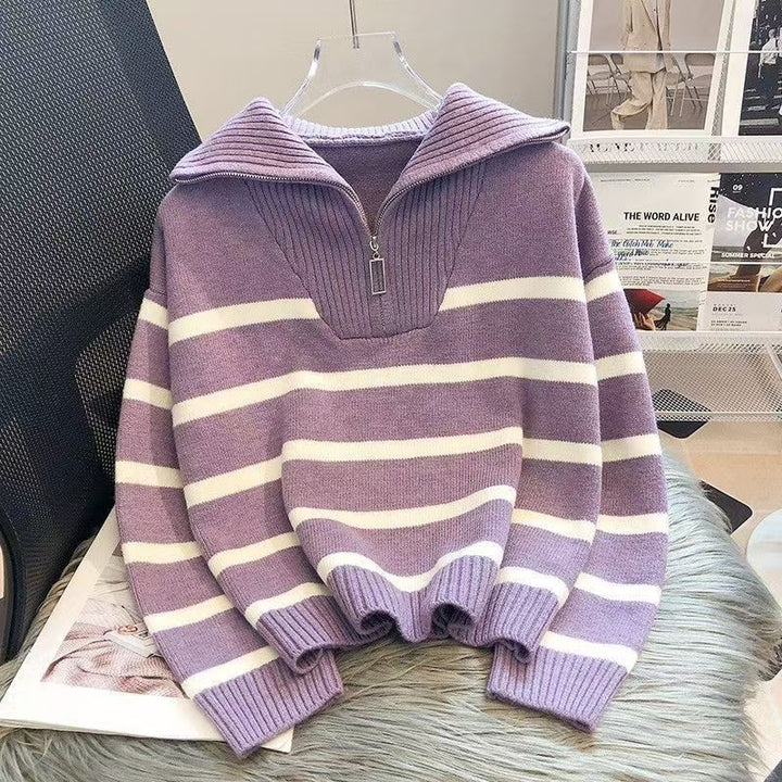 Damen lässiger Strickpullover mit hohem Kragen und Reißverschluss Drune