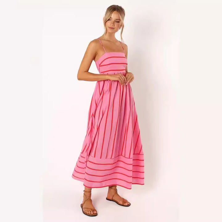 Damen Maxi-Kleid mit schmalen Spaghettiträgern und eleganten Querstreifen Drune
