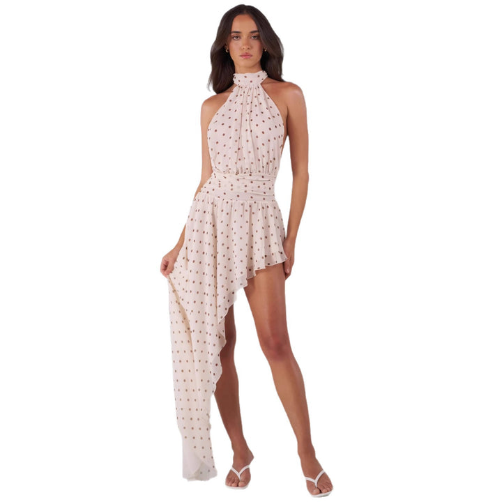 Damen Hochgeschlossenes Minikleid mit asymmetrischem Rock und fließendem Stoff Drune