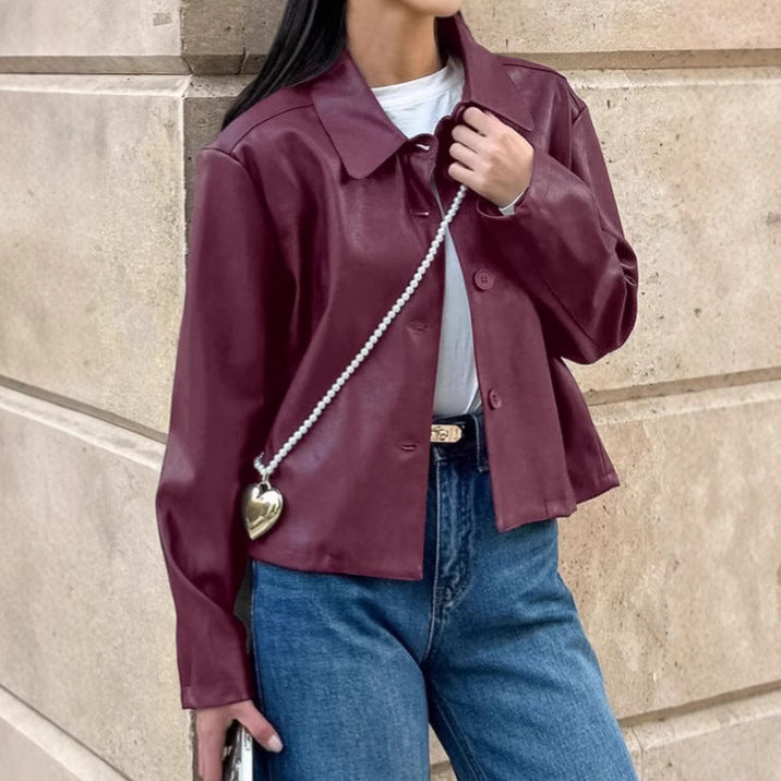 Damen Modische Kunstlederjacke mit klassischen Knopfdetails Drune