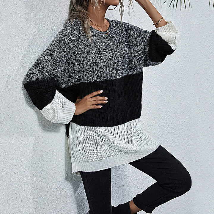 Damen lässiger Strickpullover mit modischem Farbwechsel und oversized Schnitt Drune