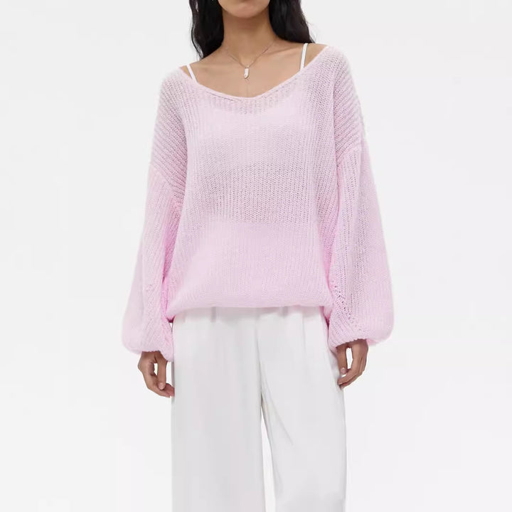 Damen lässiger Strickpullover mit weiten Ärmeln und tiefem V-Ausschnitt Drune