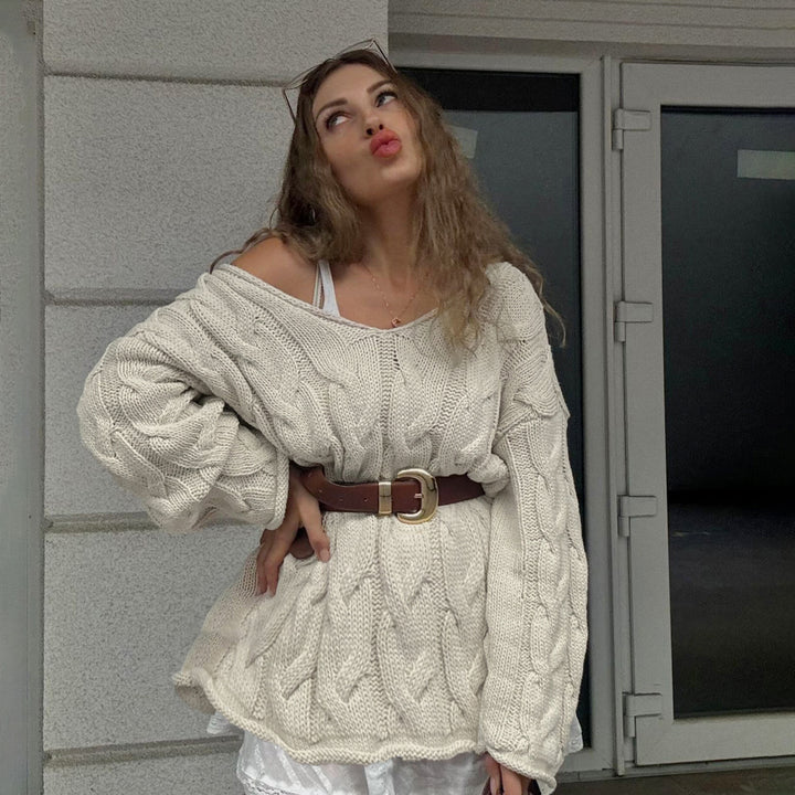 Damen nan lässiger Oversize-Strickpullover mit Zopfmuster und weitem V-Ausschnitt Drune