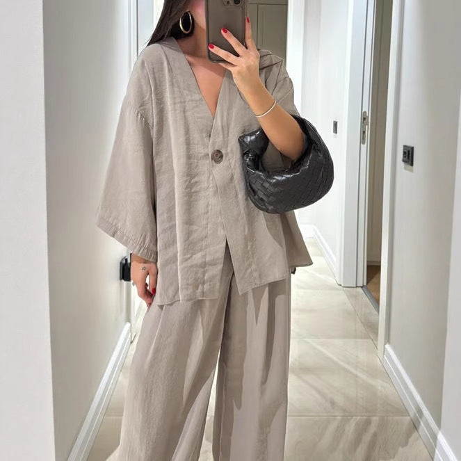 Damen nan entspanntes Zweiteiler-Leinenensemble mit kimonoartiger Oversize-Jacke und weiter Palazzohose Drune
