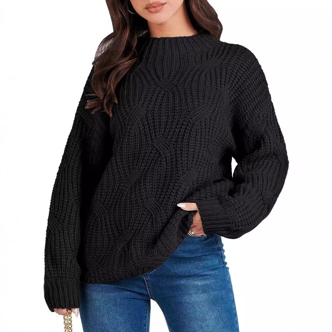 Damen Grobstrickpullover mit extravagantem Wellenmuster und hohem Kragen Drune