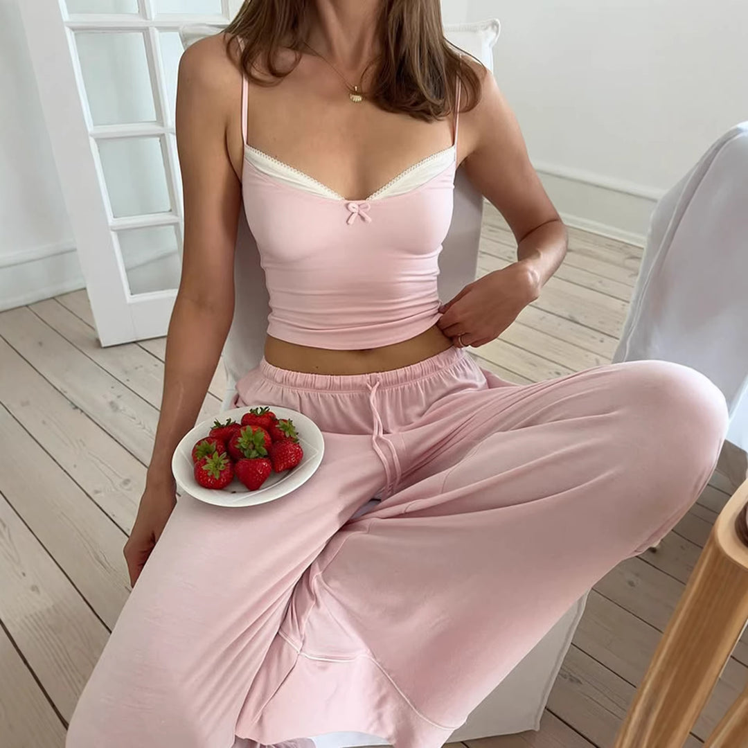 Damen Schlafanzug Set mit Spaghetti-Trägern und weitem Bein Drune