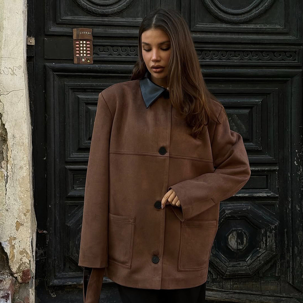 Damen Oversized Mantel mit Lederkragen und Taschen Drune