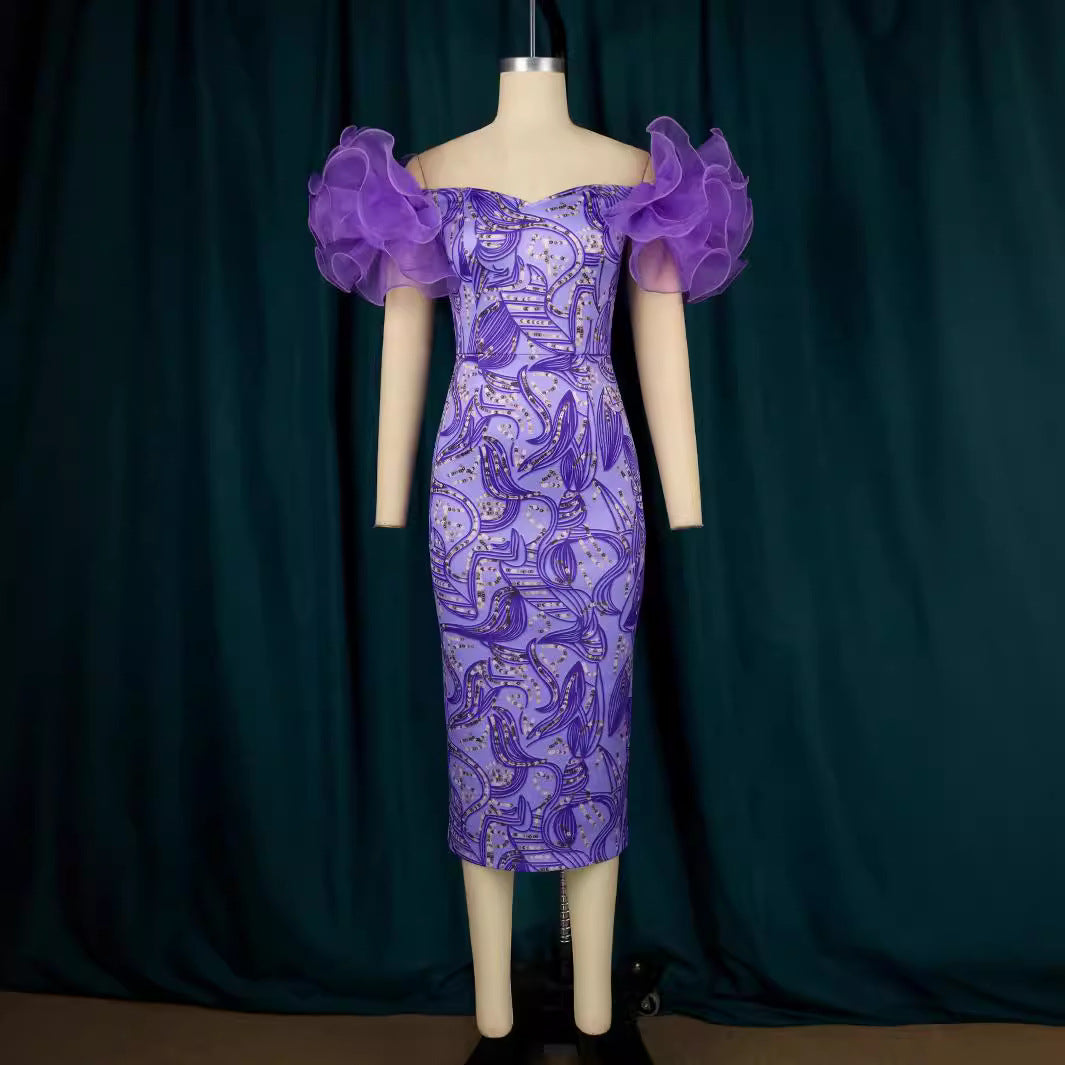 Damen Elegantes Midi-Kleid mit innovativen Puffärmeln und kunstvollem Druck Drune
