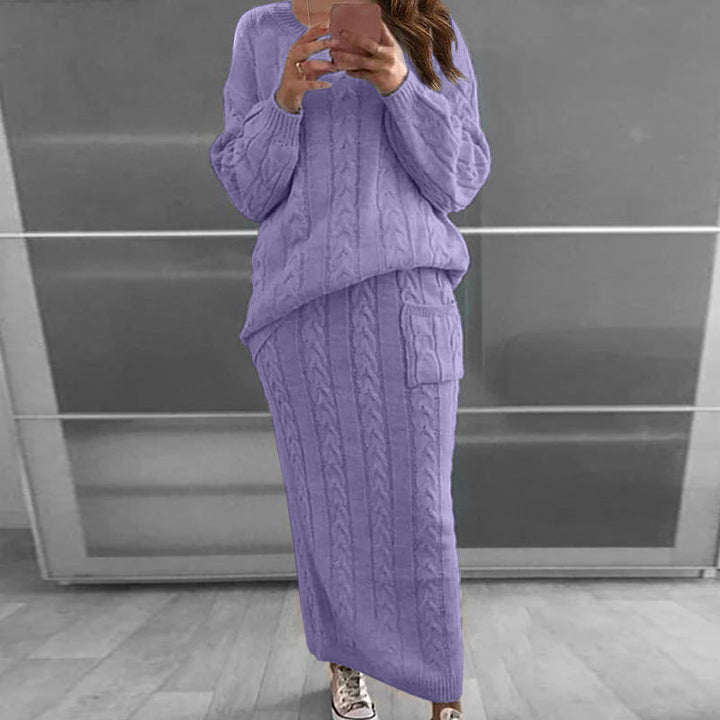 Damen nan Strickset Oversized Zopfmuster-Pullover und Maxi-Bleistiftrock mit aufgesetzter Tasche Drune