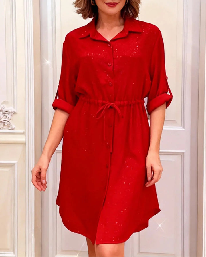 Damen Hemdblusenkleid mit Taillenzug und schimmernden Akzenten Drune
