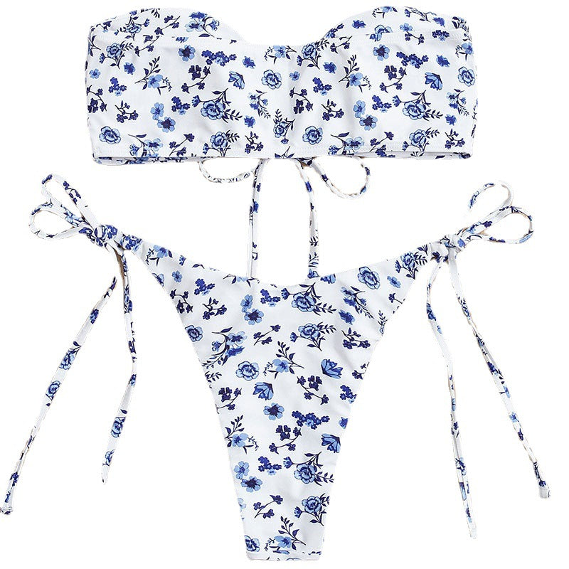 Damen Bandeau-Bikini mit floralem Musterdruck und verspielten Bindebändern Drune