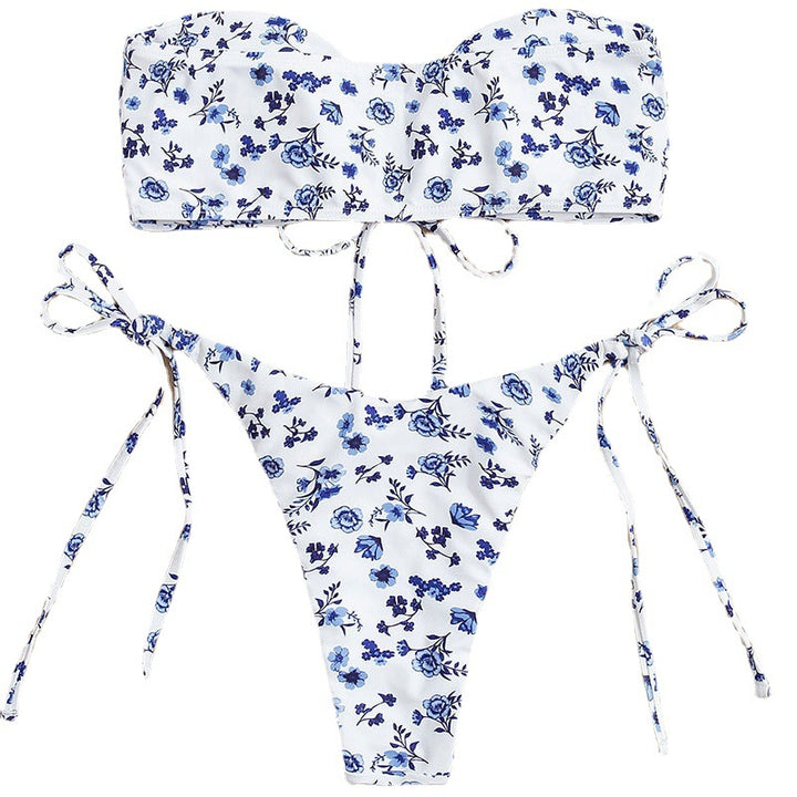 Damen Bandeau-Bikini mit floralem Musterdruck und verspielten Bindebändern Drune