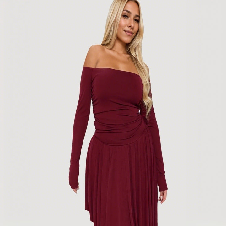 Damen Off-Shoulder Midi-Kleid mit asymmetrischem Saum und langen Ärmeln Drune