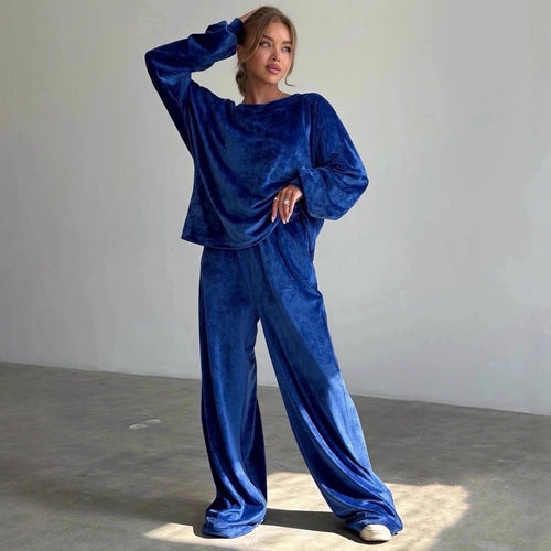 Damen luxuriöser Velours-Jogginganzug mit hohem Bund und weiten Beinen Drune