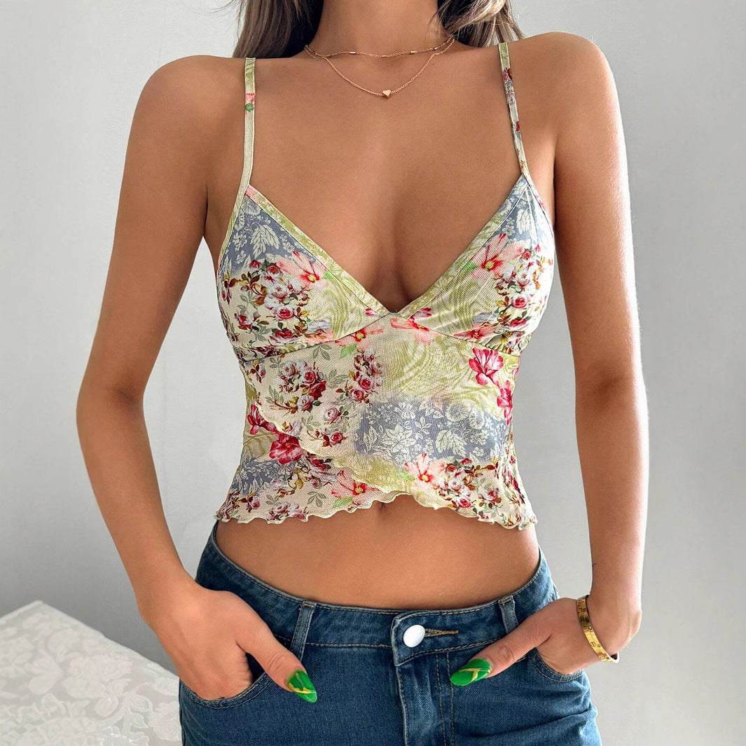 Damen gerafftes Blusentop mit feinem Floral-Print und zarten Spaghetti-Trägern Drune