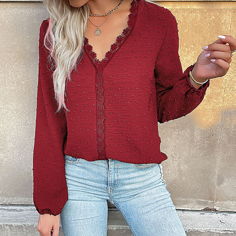 Damen Bluse mit feinem Spitzenbesatz und eleganten Puffärmeln Drune