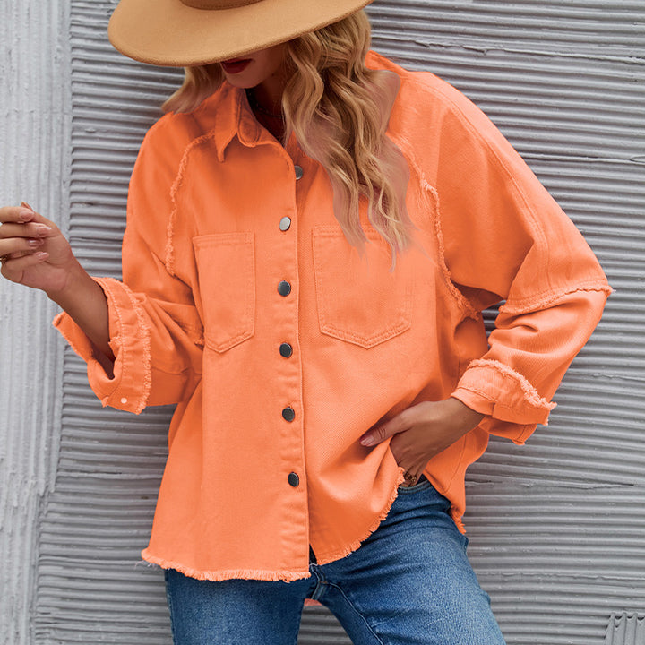 Damen lässige Oversized Jeansjacke mit fransigem Saum Drune