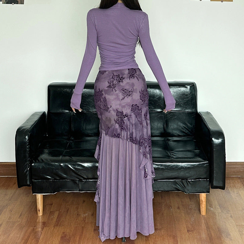 Damen eleganter asymmetrischer Maxirock mit floralen Verzierungen Drune