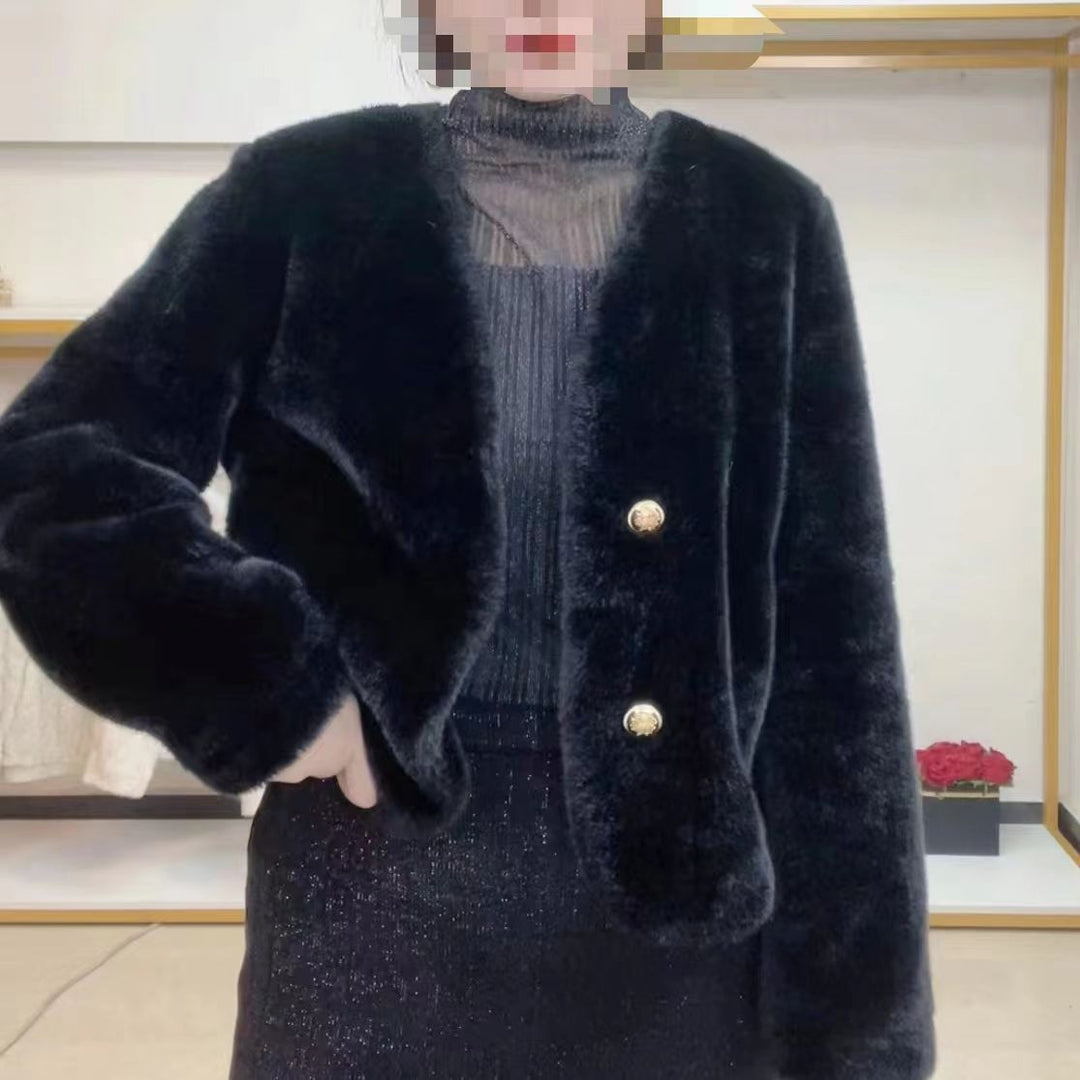 Damen Flauschige Kurzjacke mit edlen Knöpfen Drune