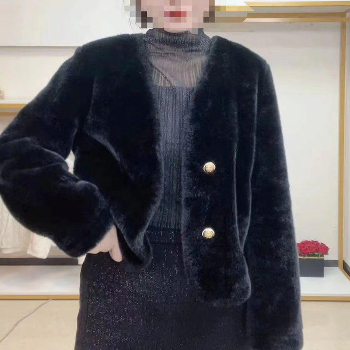 Damen Flauschige Kurzjacke mit edlen Knöpfen Drune