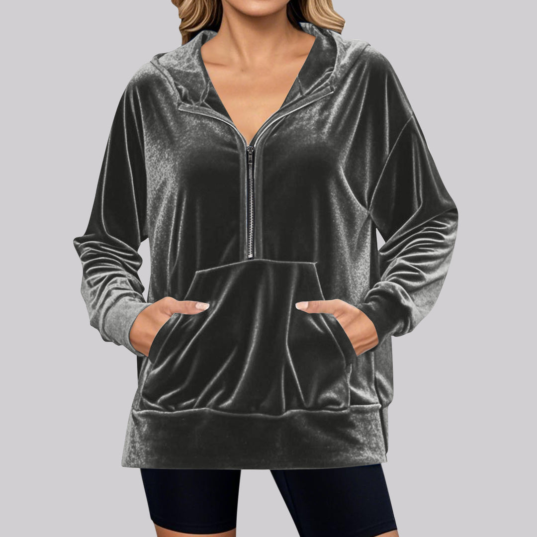 Damen Hochwertiger Kapuzenpullover aus Samt mit Reißverschluss Drune