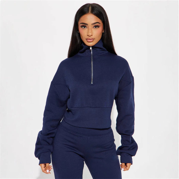 Damen Premium Sweat-Set mit kurzem Reißverschluss und weiter Hose Drune