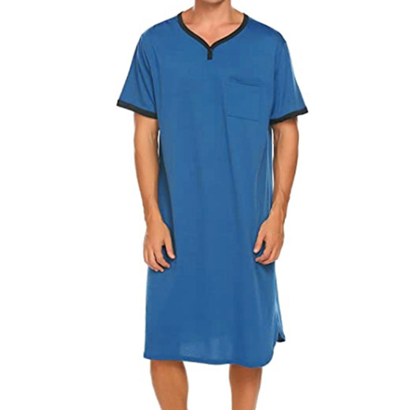 Herren nan langes Baumwoll-Schlafshirt mit Henley-Kragen Drune