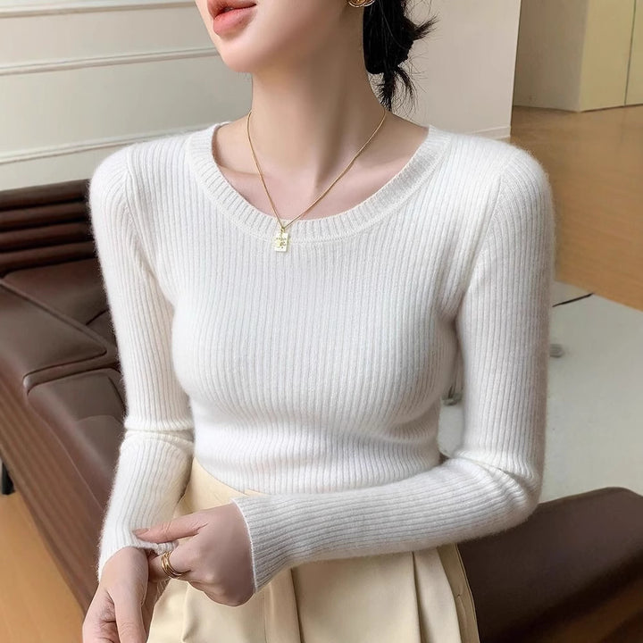 Damen feiner Rippstrickpullover mit Rundhalsausschnitt Drune