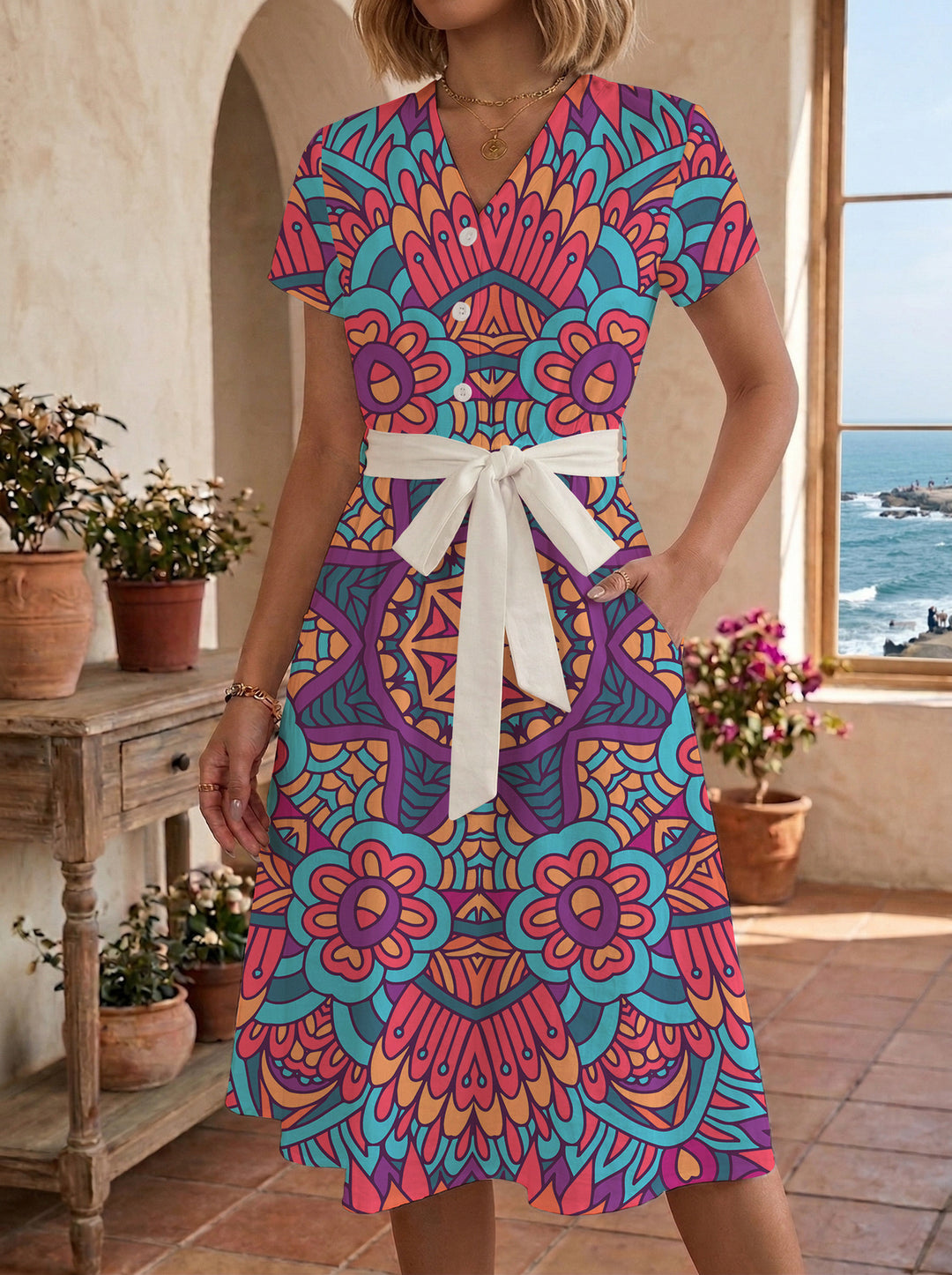 Damen Midi-Kleid mit floralem Design und bequemer Passform Drune