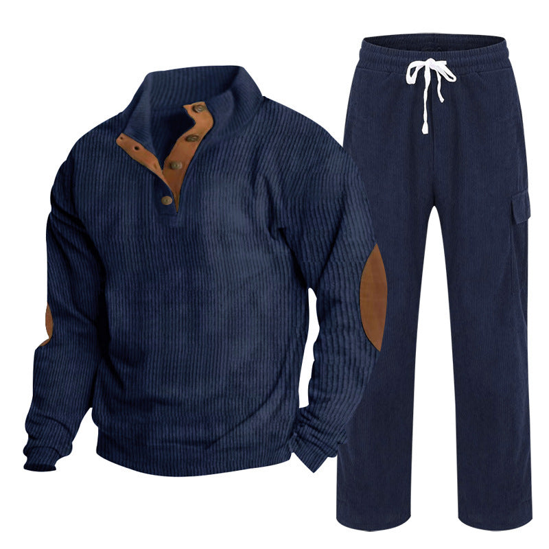 Herren nan Strick-Freizeitset mit Knopfleiste und Ellenbogenaufnähern sowie Cord-Cargohose Drune