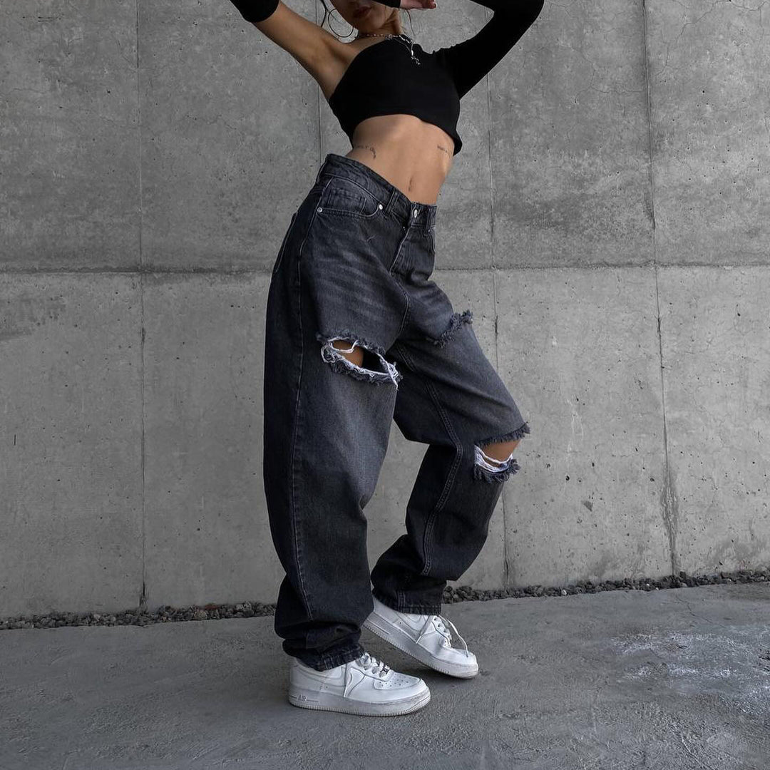 Damen Marlene-Jeans mit asymmetrischem Schnitt und Destroyed-Details Drune