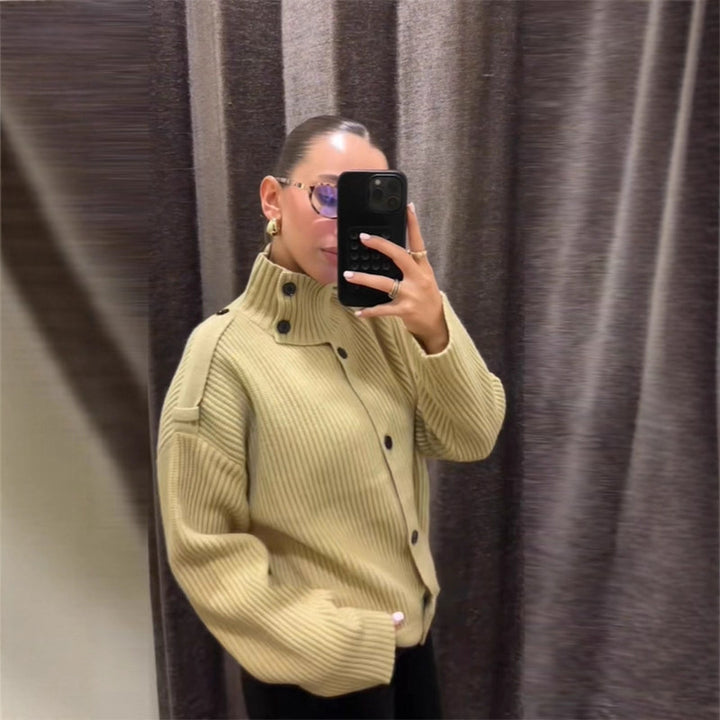 Damen Oversized Strickjacke mit hochschließendem Kragen Drune