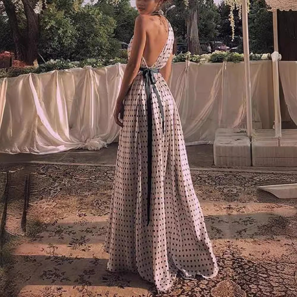 Damen elegantes Maxikleid mit tiefem Rückenausschnitt und Taillengürtel Drune