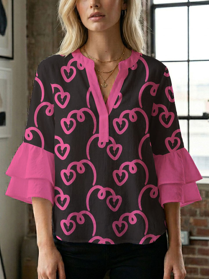 Damen Blusenshirt mit voluminösen Ärmeln und kreativem Druckdesign Drune